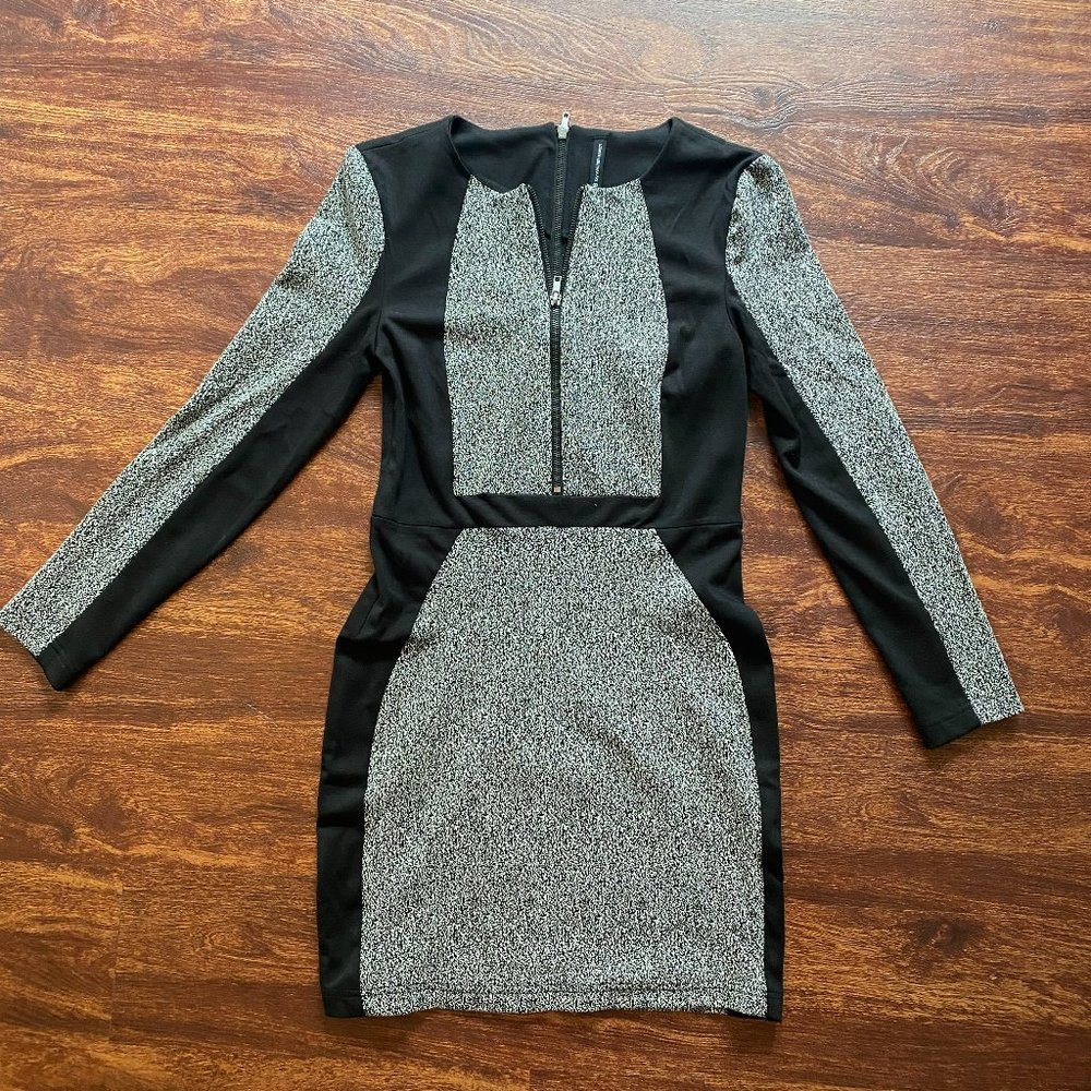 Form fitting W118 long sleeve black and gray dress with front and back zips